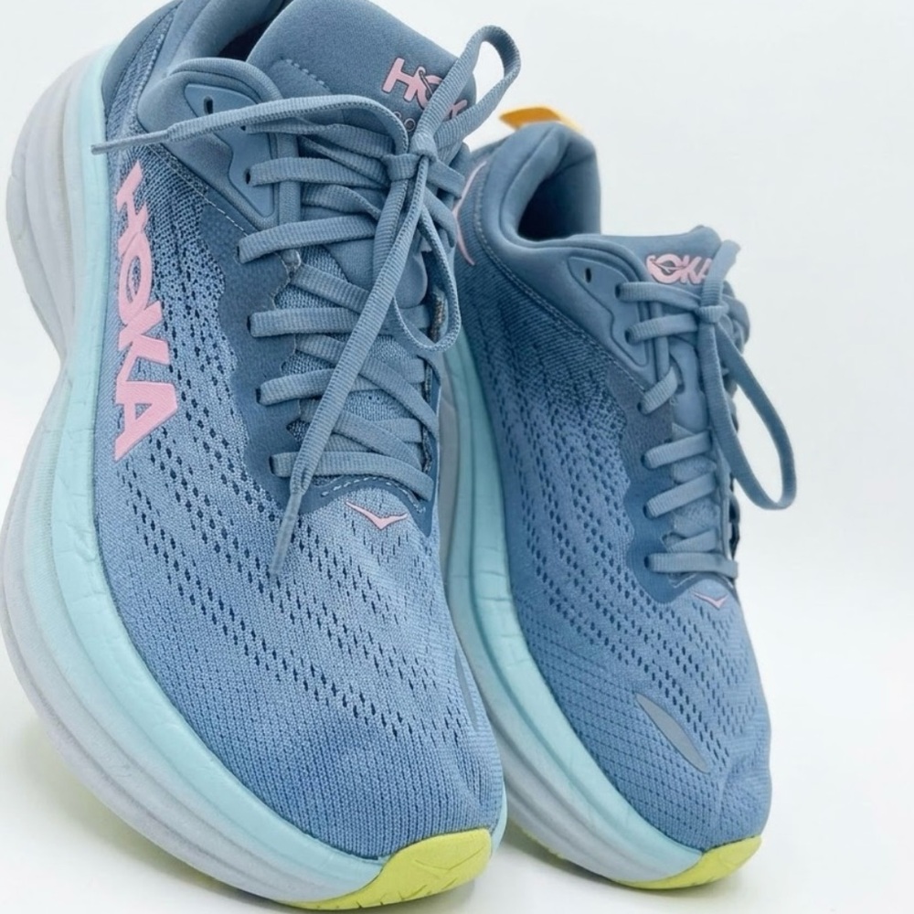 Hoka Women's Light Blue Running Shoes with Pink Logo and Mint Sole
